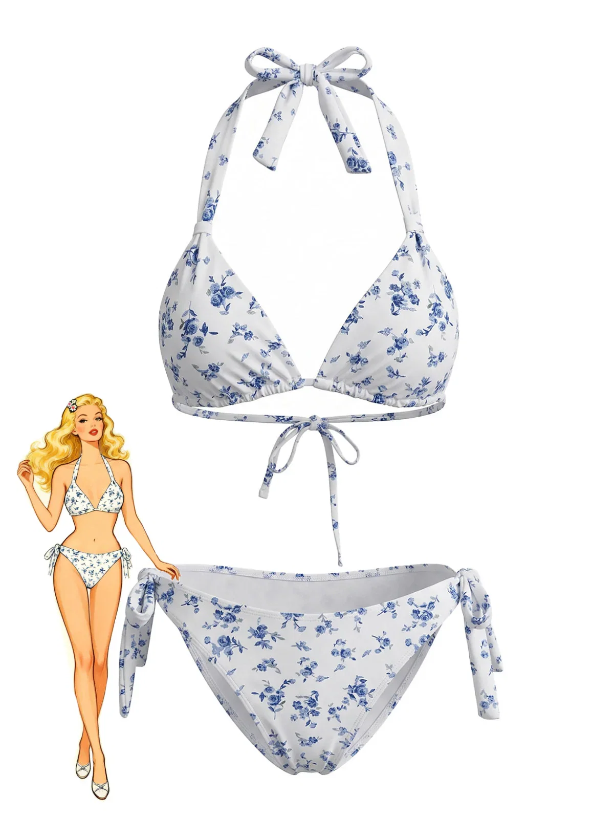 Blue 1940s Ditsy Floral Halter Tie Back Bikini Set