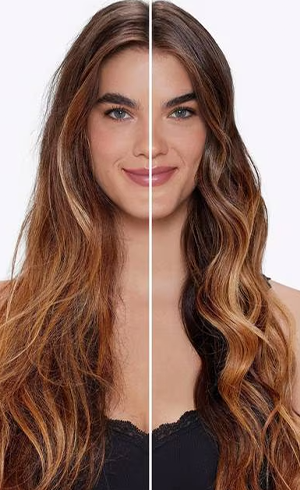 Split frame of woman with long, tangled hair on the left, and shiny, wavy, manageable hair on the right