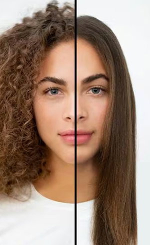 Split frame of woman with frizzy hair on the left and smooth, straight, calm hair on the right