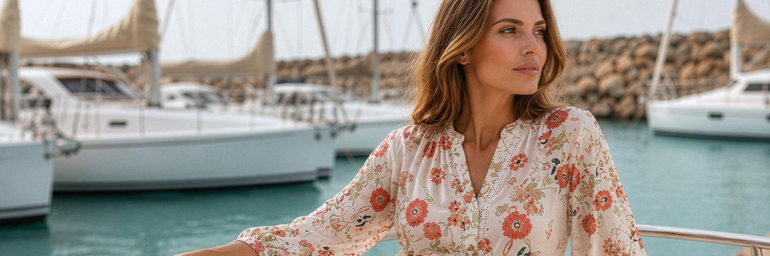 Een vrouw in een bloemetjeszomerjurk zit op een boot in de haven. Op de achtergrond zijn verschillende witte zeilboten in het water te zien, evenals een stenen muur; het water is turkoois en de scène straalt een zomerse sfeer uit.