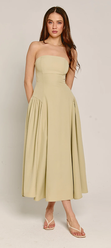 Olive Bandeau Hip Gathered Midi Dress