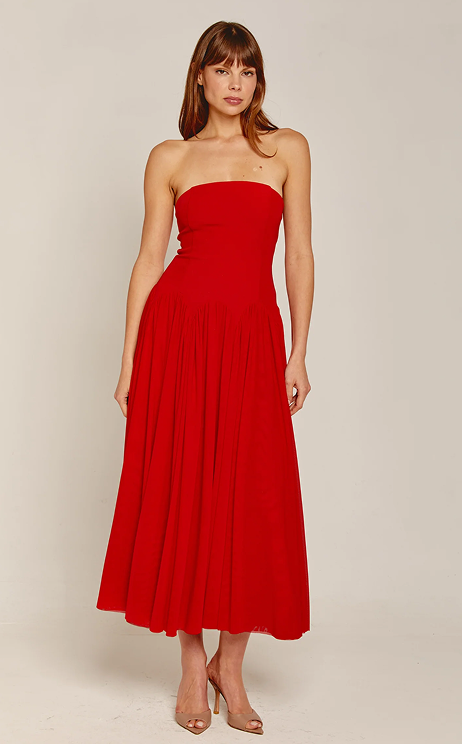 Red Scallop Curve Waist Maxi Dress