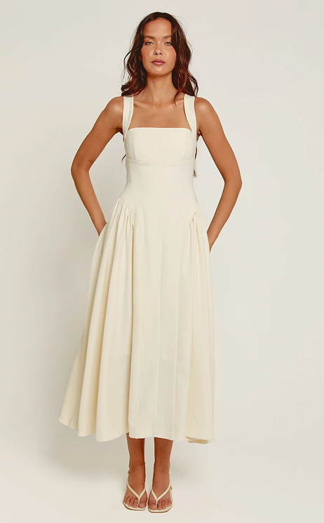 Cream Gathered Hip Pocket Midaxi Dress