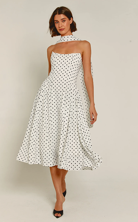 White Polka Dot Scarf Midi Dress