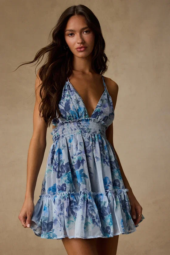 Image of Signature Sweetie Light Blue Floral Smocked Tie-Back Mini Dress