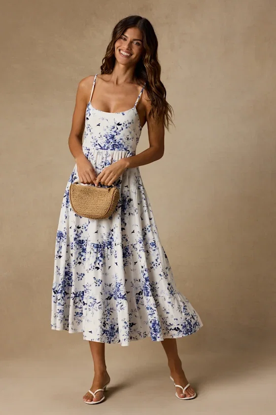 Image of Mykonos Mood Ivory Floral Print Tie-Strap Tiered Midi Dress