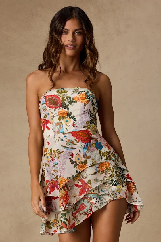 Image of Suvi White Multi Floral Strapless Tiered Asymmetrical Mini Dress