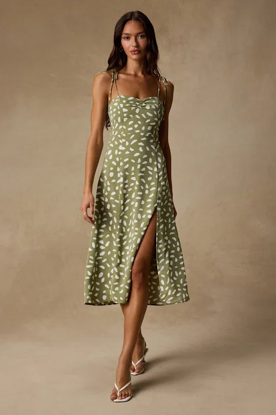 Image of Party in Paris Sage Green Print Tie-Strap Midi Dress
