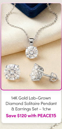 14K Gold Lab-Grown Diamond Solitaire Pendant & Earrings Set – 1ctw | Save $120 with PEACE15
