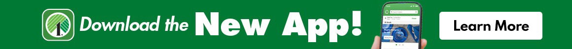 “Download the new app” written on a green background next to a picture of a hand holding the Dollar Tree app on a phone