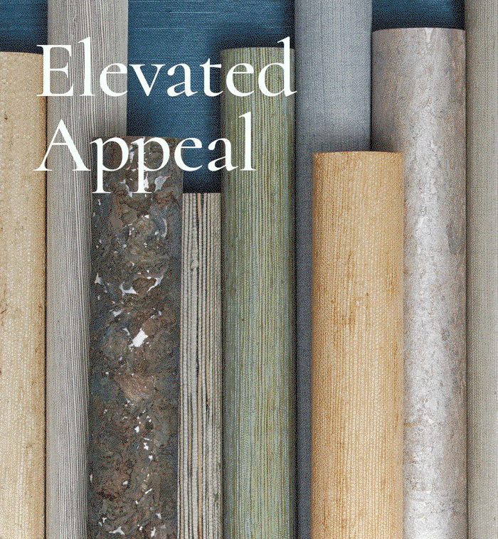 Gif image showing Tempaper's grasscloth & paperweave wallpapers installed in various rooms. Text overlay "Elevated Appeal"