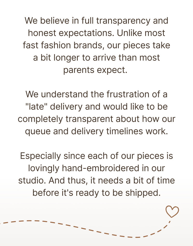 Brown text section explaining realistic production expectations, handmade processes, preparation time, and why personalized pieces require additional lead time.