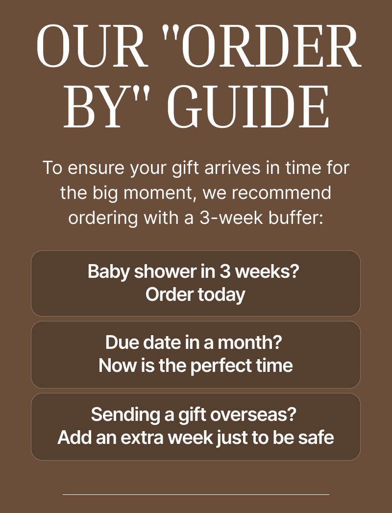 Brown section with multiple buttons outlining recommended ordering timelines for baby showers, due dates, and gift-giving occasions.