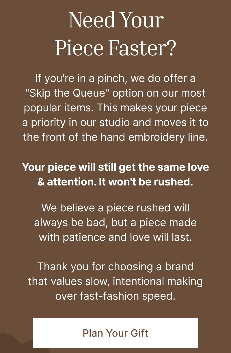 Brown text explaining planning ahead for handmade keepsakes above a brown button reading Plan Your Gift.