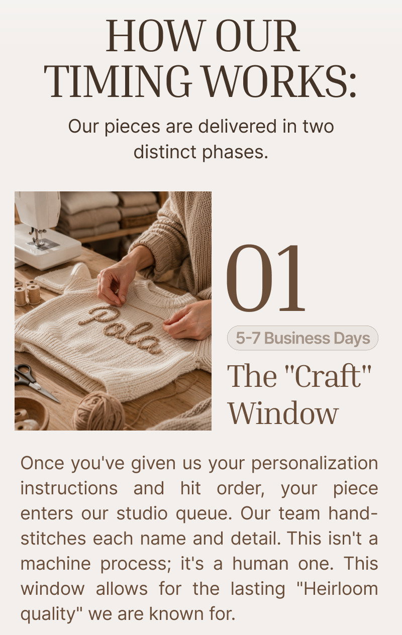 Hands arranging a personalized knit blanket on a worktable beside yarn, wooden tools, and handmade nursery materials, accompanied by text explaining the customization phase.