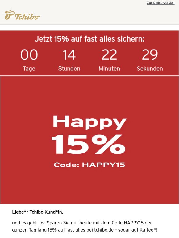 Happy Sunday Shopping mit 15% Rabatt auf fast alles! Ihr Code: HAPPY15