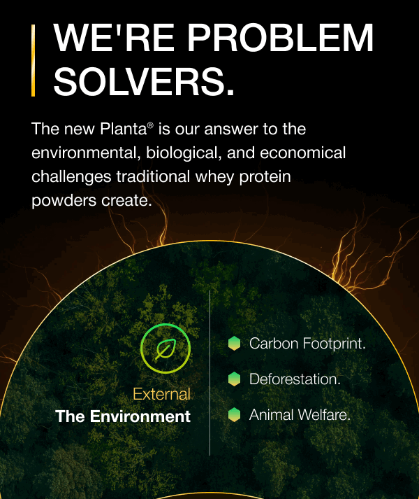 We're Problem Solvers. The new Planta® is our answer to the environmental, biological, and economical challenges traditional whey protein powders create. 