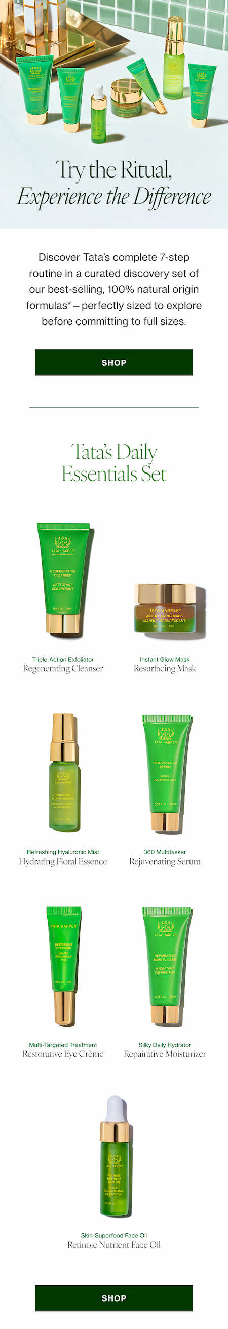 Discover Tata’s complete 7-step routine in a curated discovery set of our best-selling, 100% natural origin formulas*—perfectly sized to explore before committing to full sizes. 