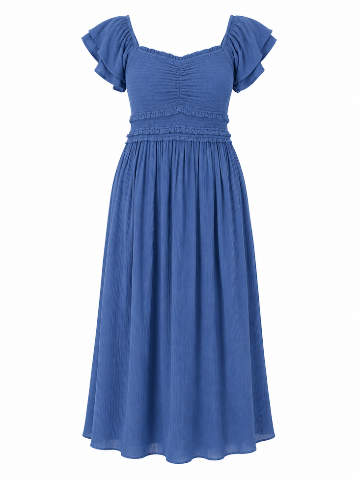 Blue Smocked Crinkle Flutter Sleeve Midaxi Dress