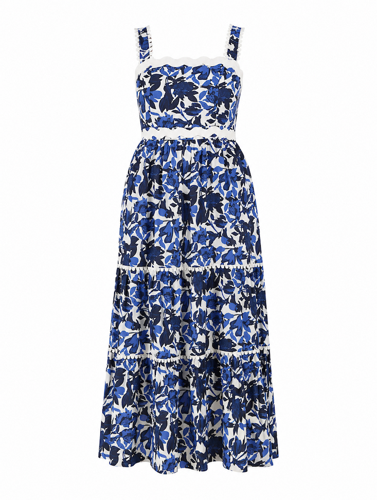 Blue Cotton Floral Print Tiered Maxi Dress
