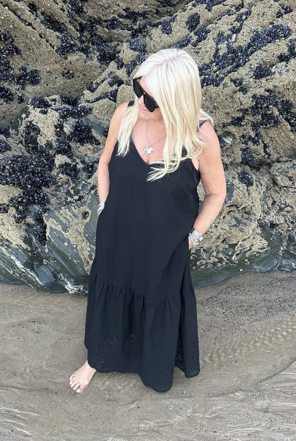 Black Linen Blend Broderie Maxi Dress
