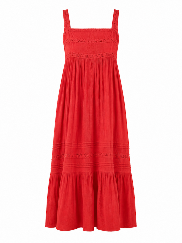 Red Crinkle Pintuck Lace Trim Midaxi Dress