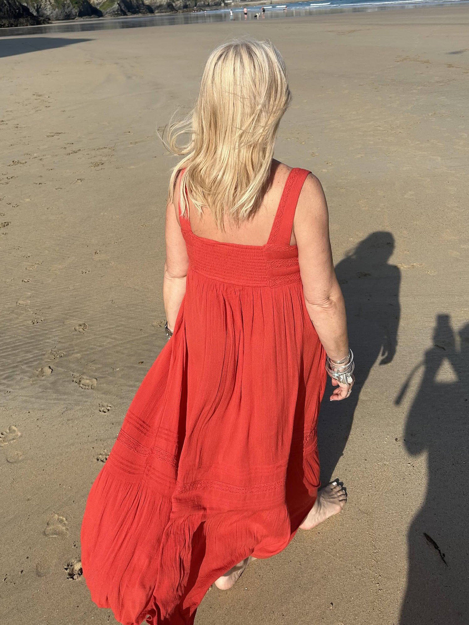 Red Crinkle Pintuck Lace Trim Midaxi Dress