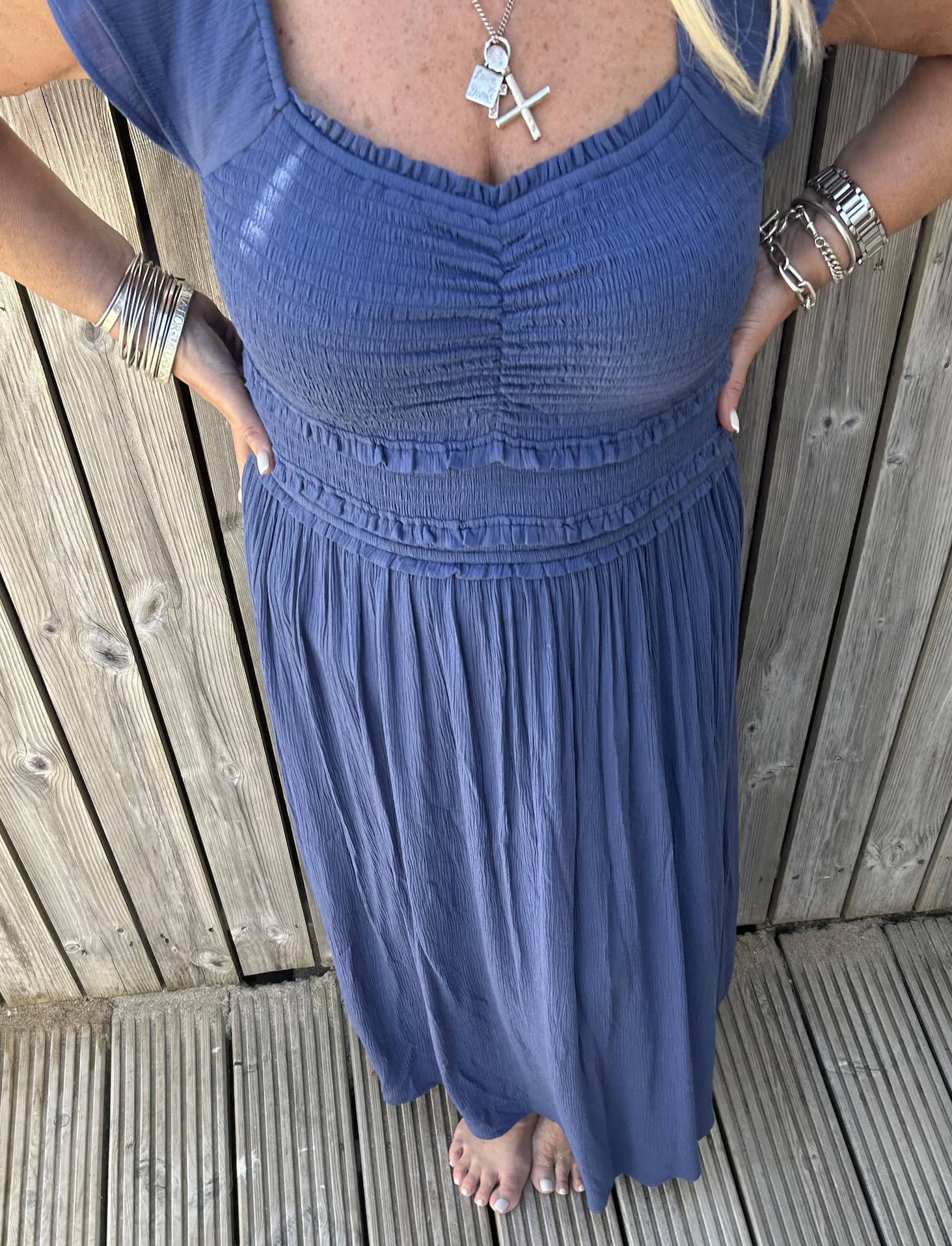 Blue Smocked Crinkle Flutter Sleeve Midaxi Dress