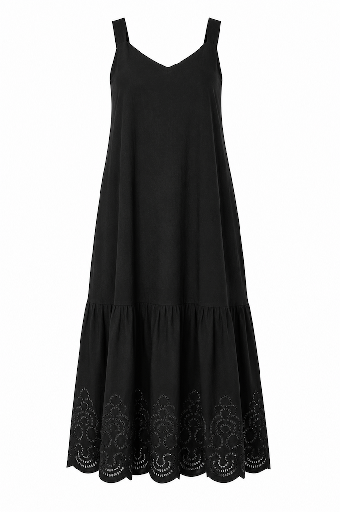 Black Linen Blend Broderie Maxi Dress