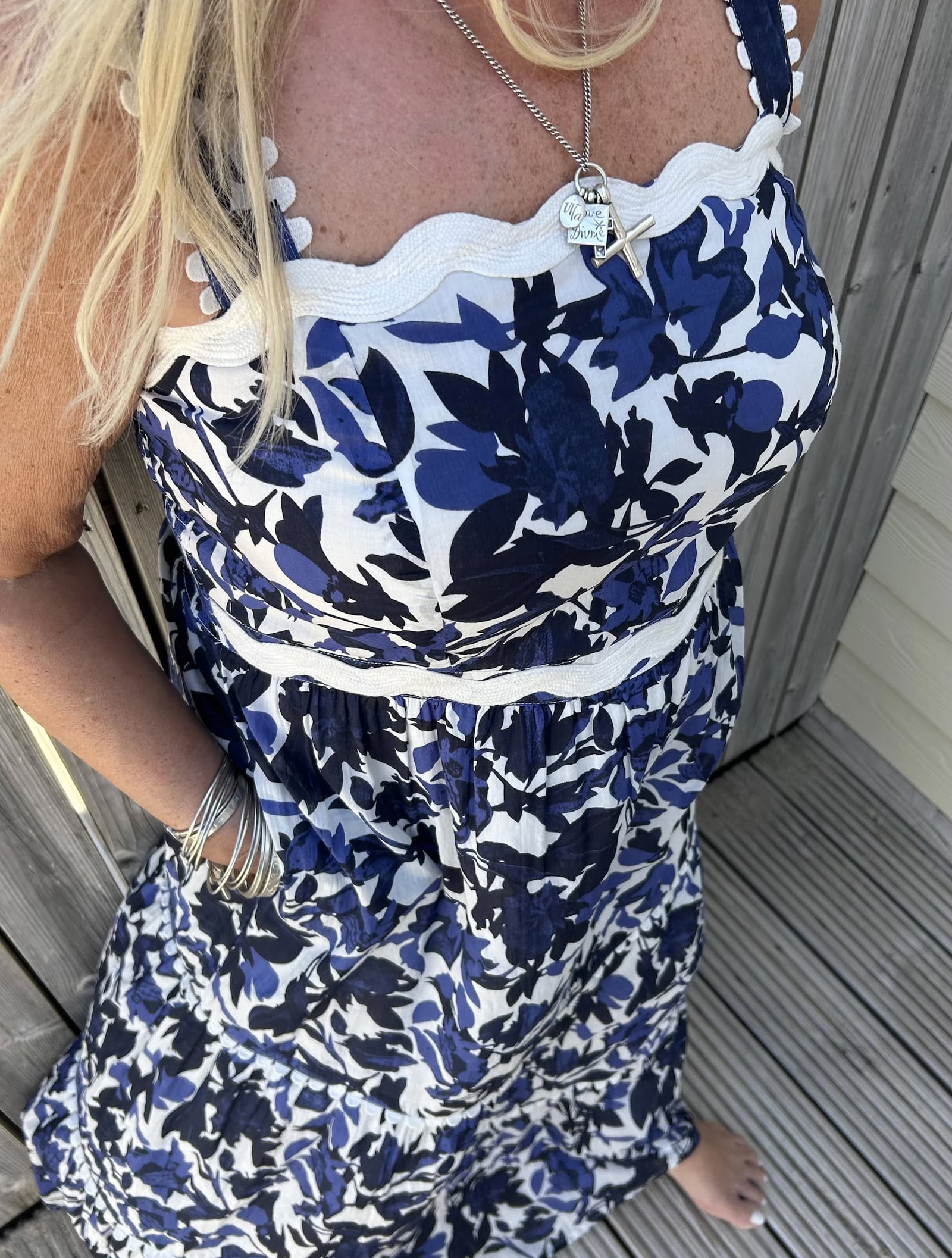 Blue Cotton Floral Print Tiered Maxi Dress