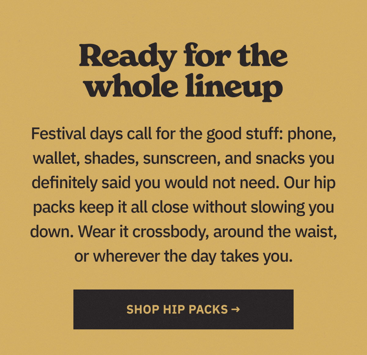 Ready for the whole lineup. Festival days call for the good stuff: phone, wallet, shades, sunscreen, and snacks you definitely said you would need. Our hip packs keep it all close without slowing you down. Wear it crossbody, around the waist, or wherever the day takes you. Shop hip packs now.