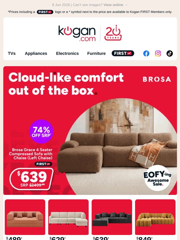 EOFY Sofa Savings 🔥 4 Seater Compressed Sofa with Chaise NOW $639 (74% OFF standard retail price)
