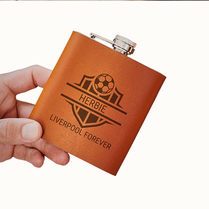 Personalised Hip Flask With Leather Sleeve And Engraved Football Design With Chosen Name And Football Club