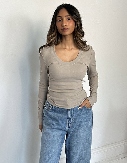 Lily Loves Scoop Neck Long Sleeve Top - Light Khaki