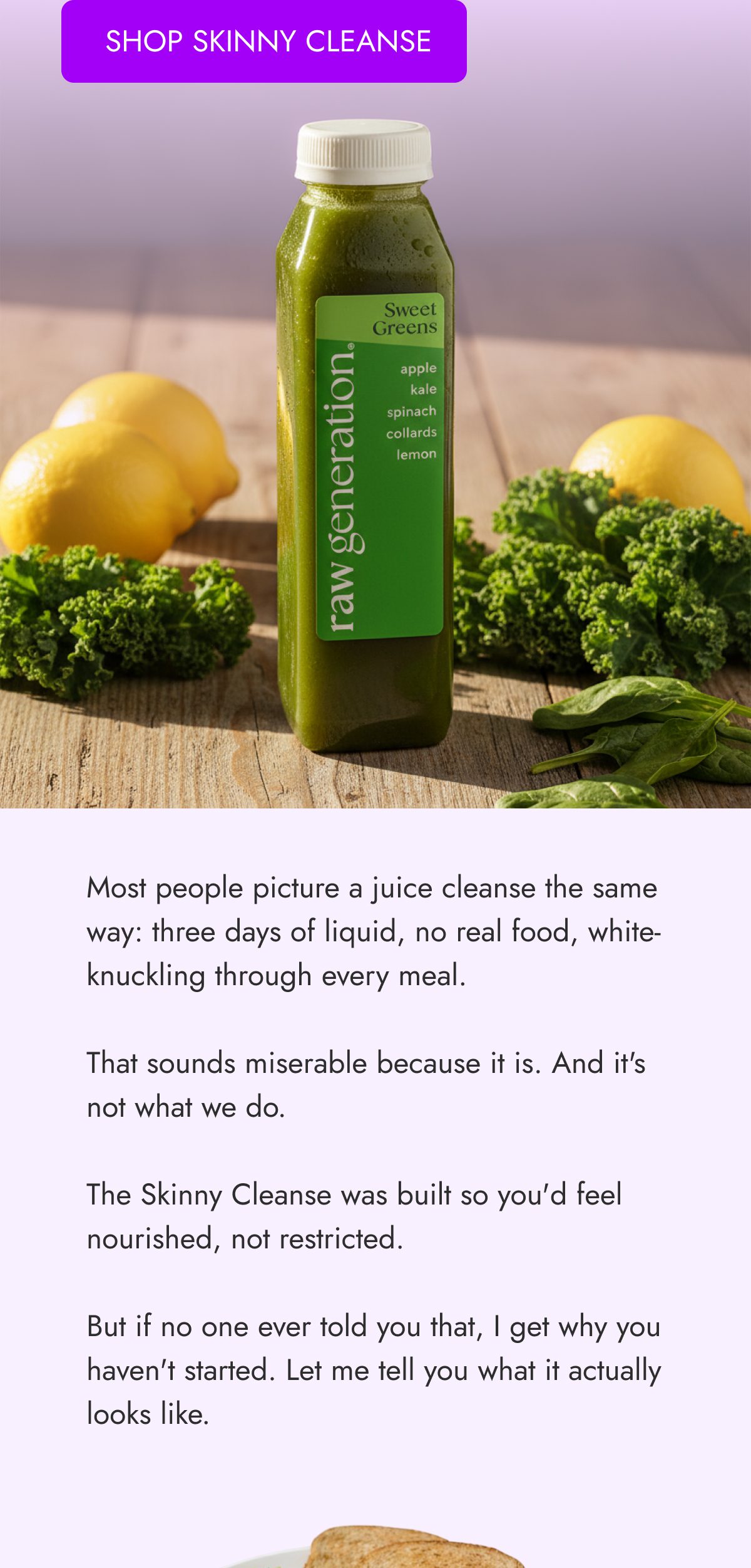 A green juice bottle with lemons and kale on a table, with text about a juice cleanse.