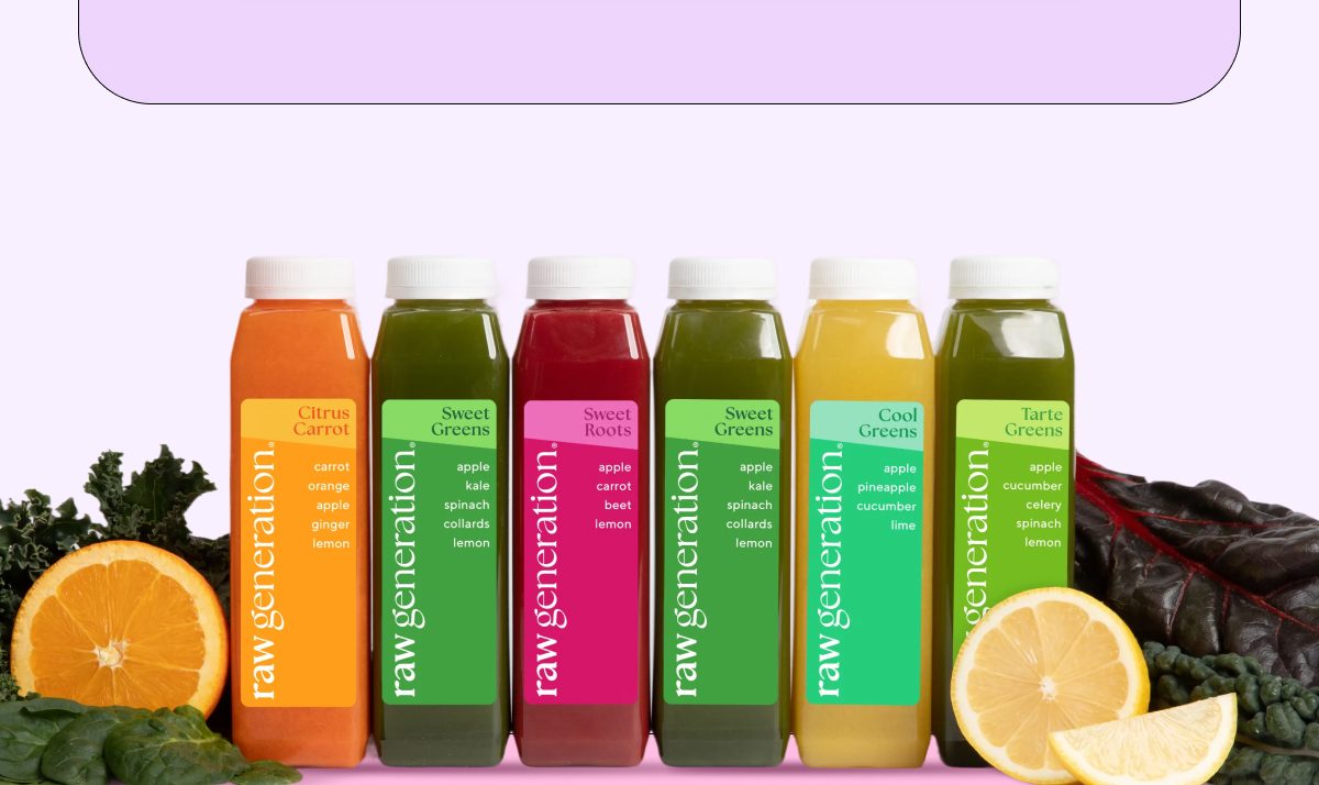 Six bottles of juice in various colors with fruits and vegetables beside them.
