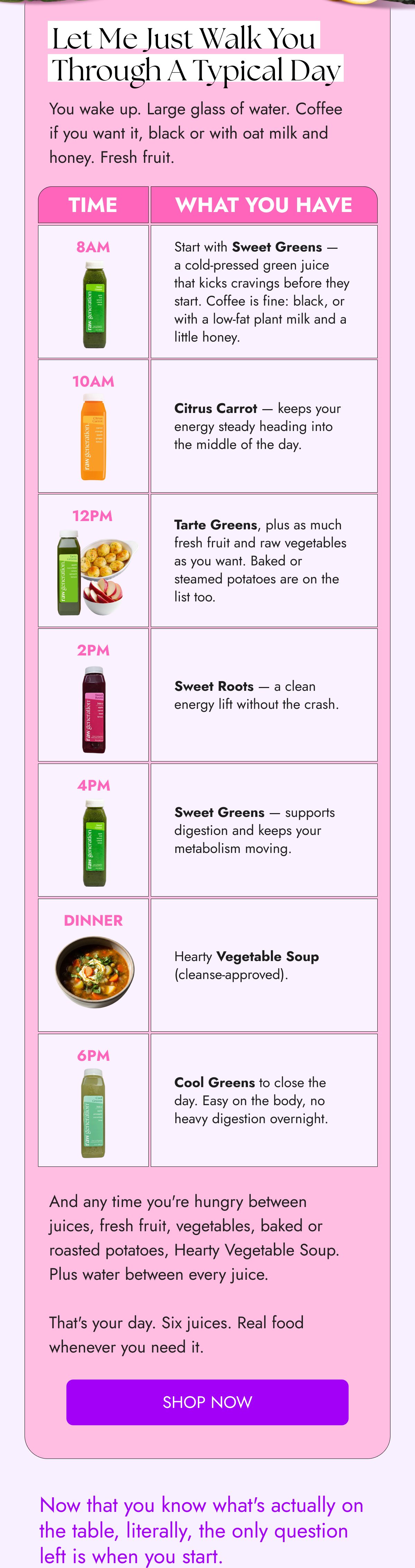 Daily schedule with meal suggestions and health tips for each time slot.