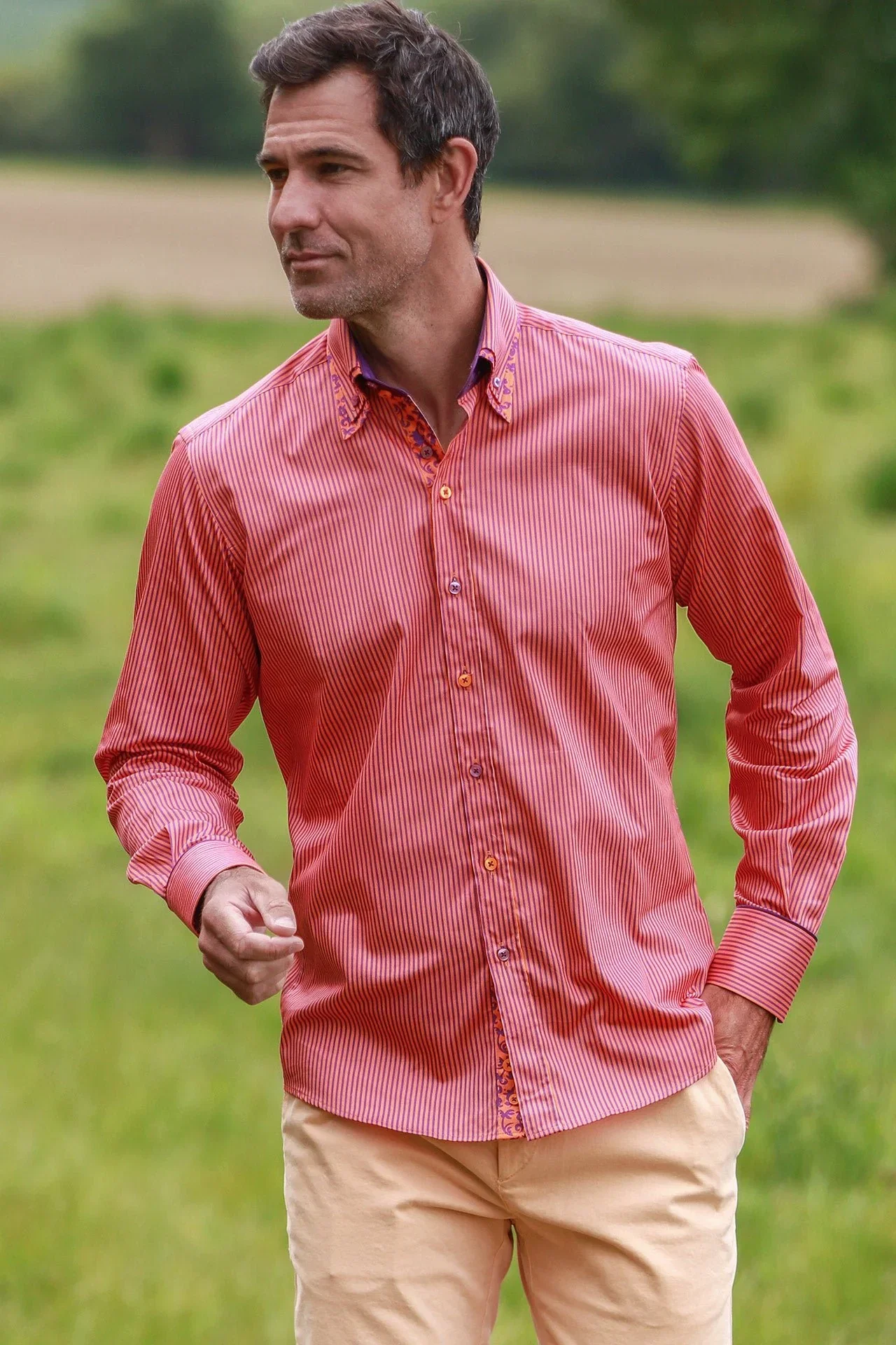 Image of STRIPE DOUBLE COLLAR PRINT SHIRT