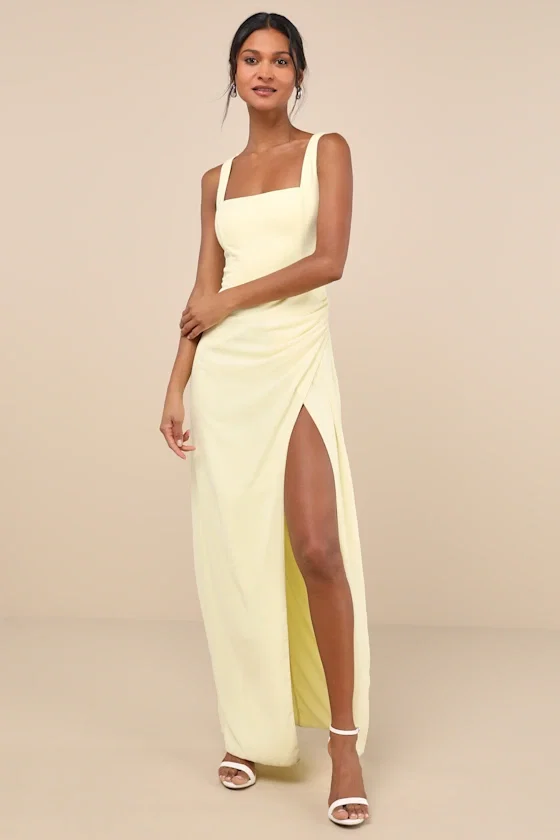 Image of Glamorous Disposition Light Yellow Ruched Maxi Dress