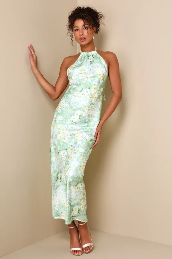 Image of Glowing Presence Light Green Floral Satin Halter Maxi Dress