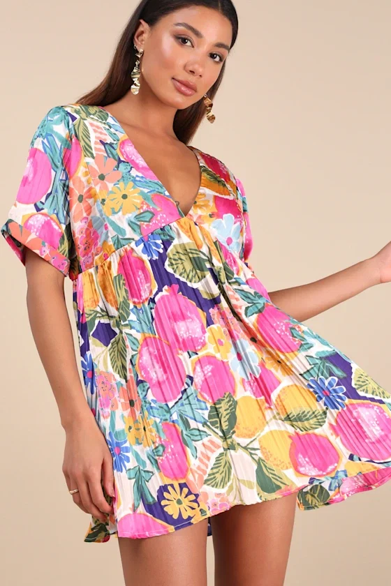 Image of Express Yourself Pink Multi Floral Print Satin Babydoll Dress