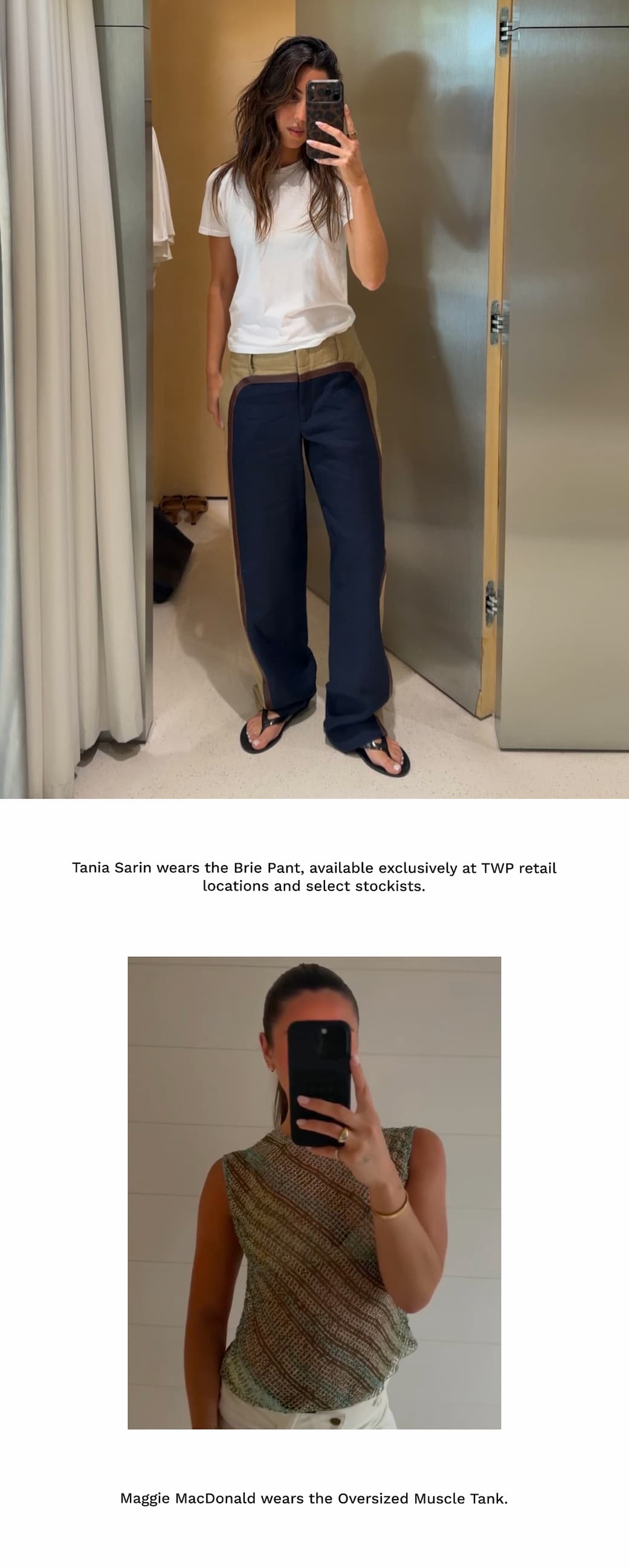 Image of Tania Sarin in a navy pant and white t-shirt followed by black text and an image of Maggie MacDonald in a green crosshatch tank.