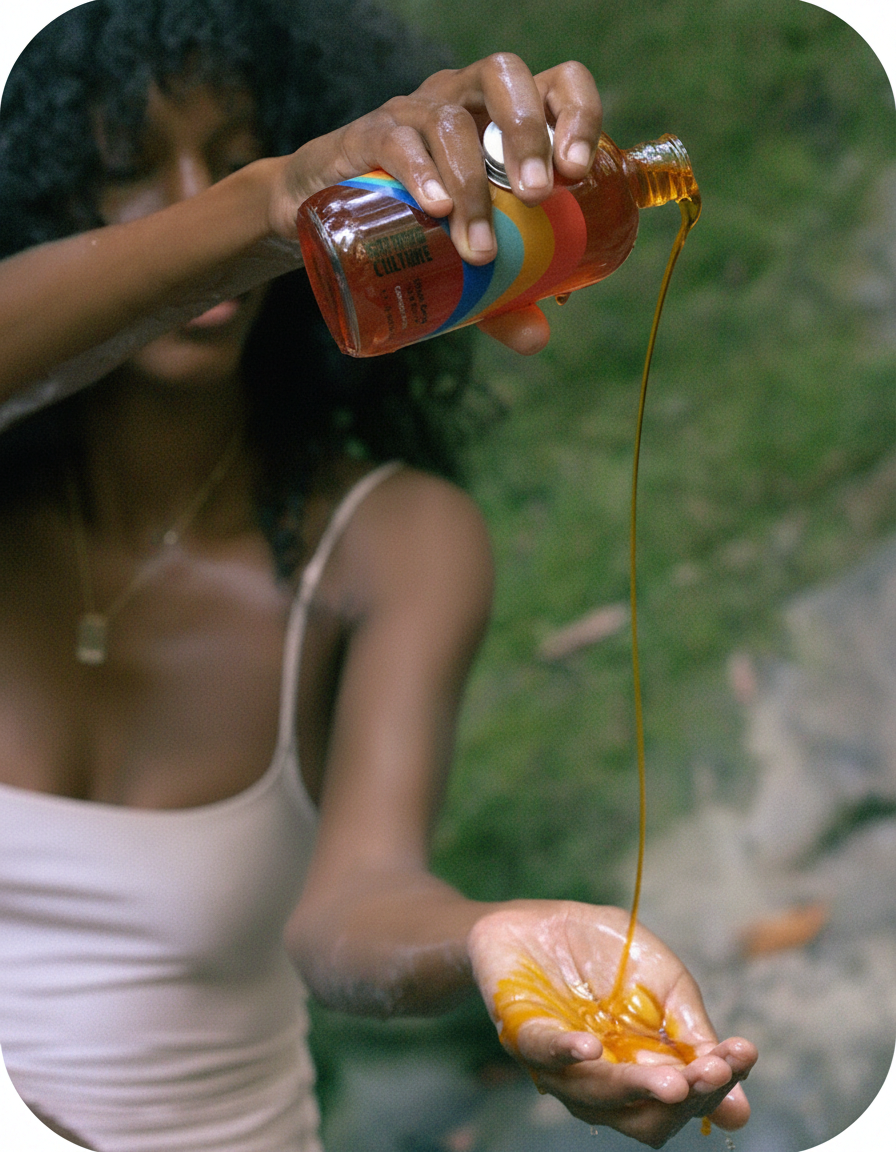 A person pours golden liquid from a bottle with rainbow stripes into their palm.