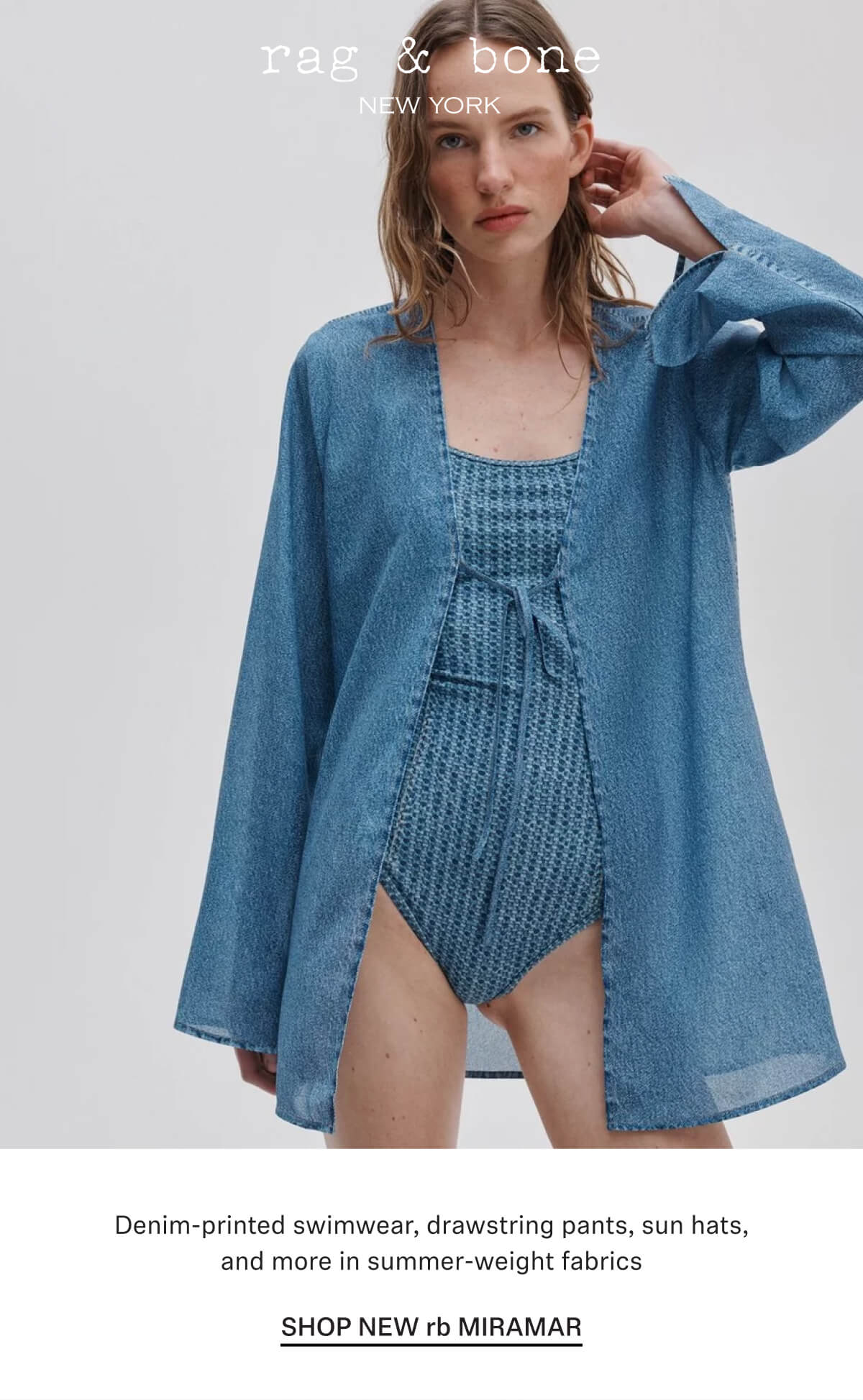 Denim-printed drawstring pants, bubble tanks, sun hats, and more in summer-weight fabrics