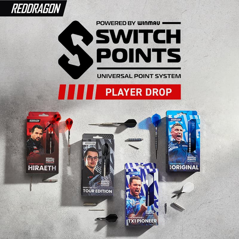 Powered by Winmau Switch Points. 4 Red Dragon Player darts now with Switch Points