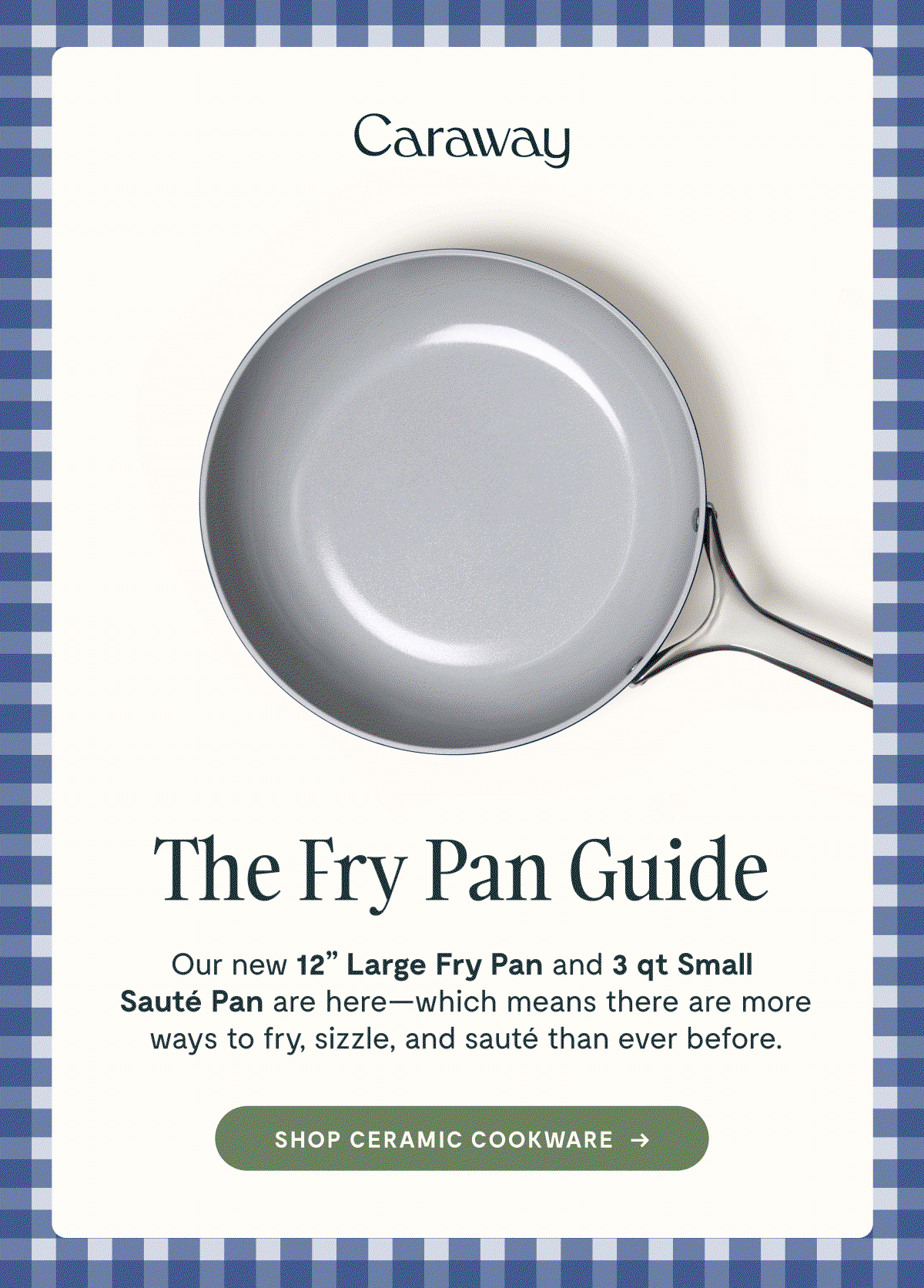 The Fry Pan Guide  Our new 12” Large Fry Pan and 3 qt Small Sauté Pan are here—which means there are more ways to fry, sizzle, and sauté than ever before.  [[SHOP YOUR PERFECT PAN →]]