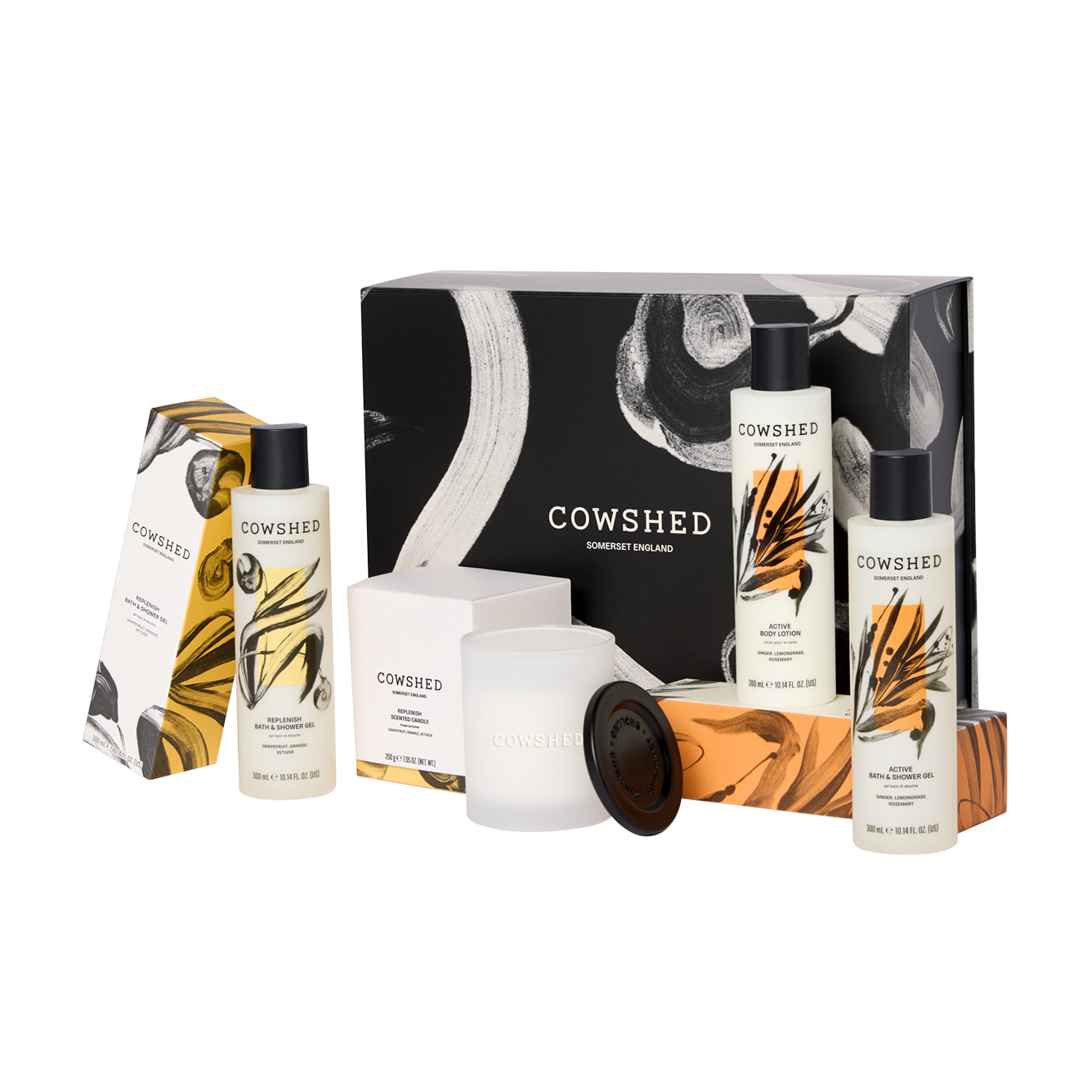 Gift set with Cowshed candle, bath & shower gel, and body lotion