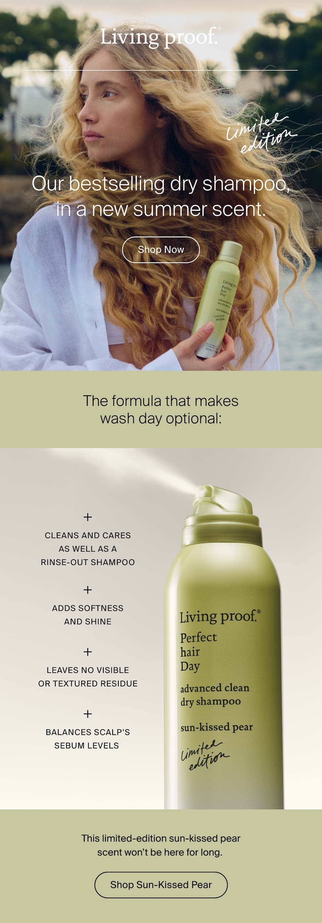 Living Proof | Limited edition. Our bestselling dry shampoo, in a new summer scent. The formula that makes wash day optional. This limited-edition sun-kissed pear scent won't be here for long. | Shop Sun-Kissed Pear