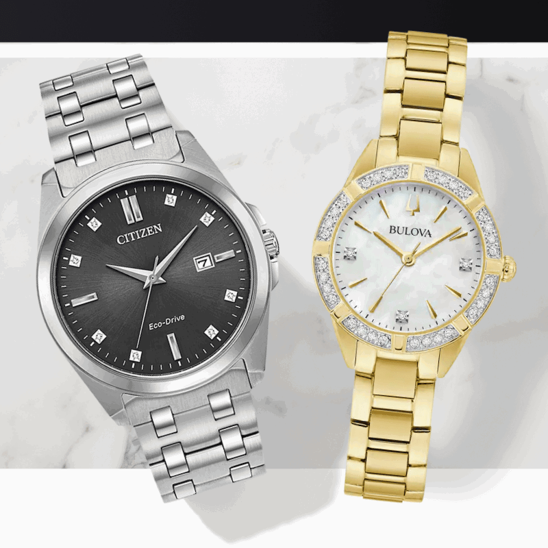 Men’s silver Citizen and women’s gold Bulova watch. Right On Time. Click to Shop Women’s Watches
