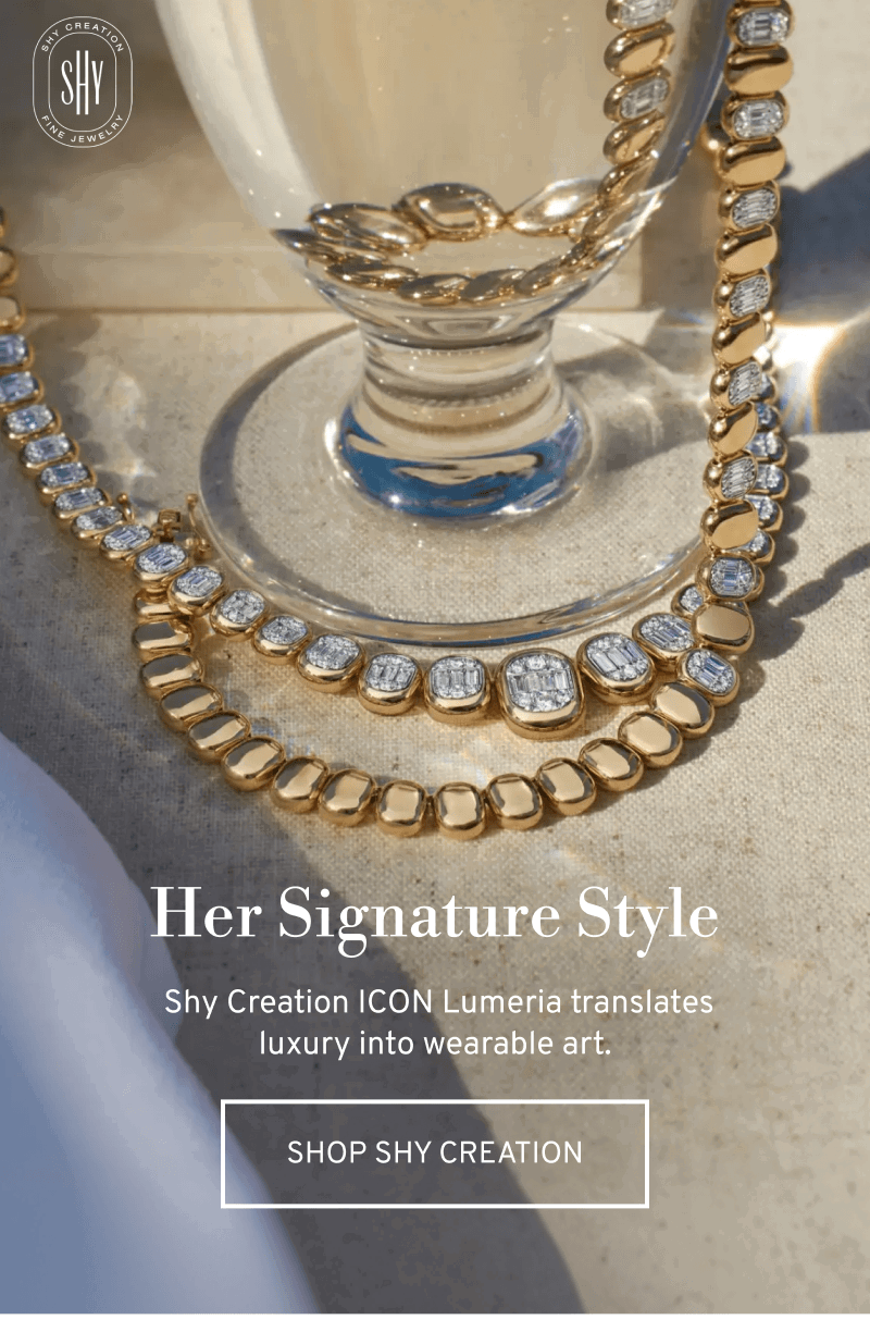 Diamond necklaces wrapped around a glass. Shy Creation ICON Lumina translates luxury into wearable art. Click to Shop Shy Creation